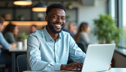 Smiling black man works laptop at desk. Happy businessman wearing blue shirt, looking at camera. Modern office, light interior, professional workspace, remote job.