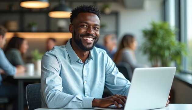 Smiling black man works laptop at desk. Happy businessman wearing blue shirt, looking at camera. Modern office, light interior, professional workspace, remote job.