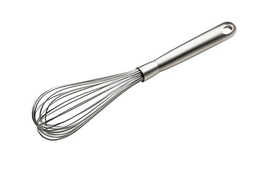 Hyper-realistic image of a metal whisk on a white background, isolated kitchen tool