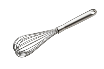 Hyper-realistic image of a metal whisk on a white background, isolated kitchen tool