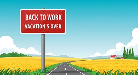 Obraz premium Back to Work Sign with Road and Fields Depicting End of Vacation