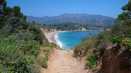 Obraz premium Scenic coastal path descends to secluded beach; turquoise water, mountains backdrop
