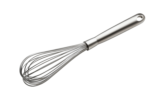 Hyper-realistic image of a metal whisk on a white background, isolated kitchen tool