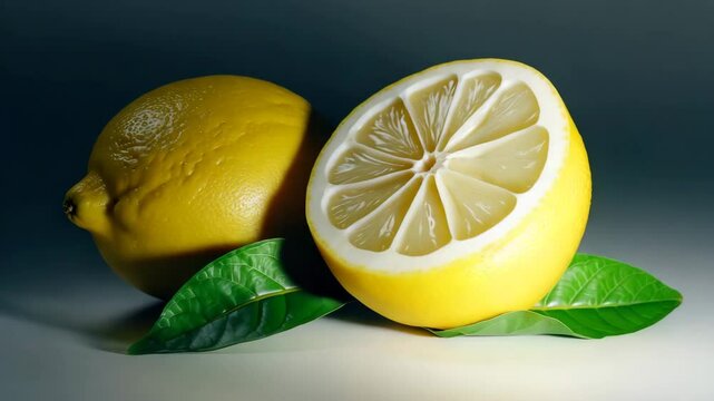 Detached lemon fruit with leaf. Whole lemon and a sliced section on a white background.