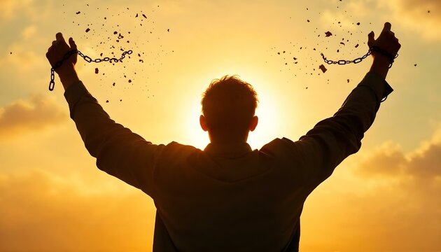 Silhouette image man with broken chains in sunset