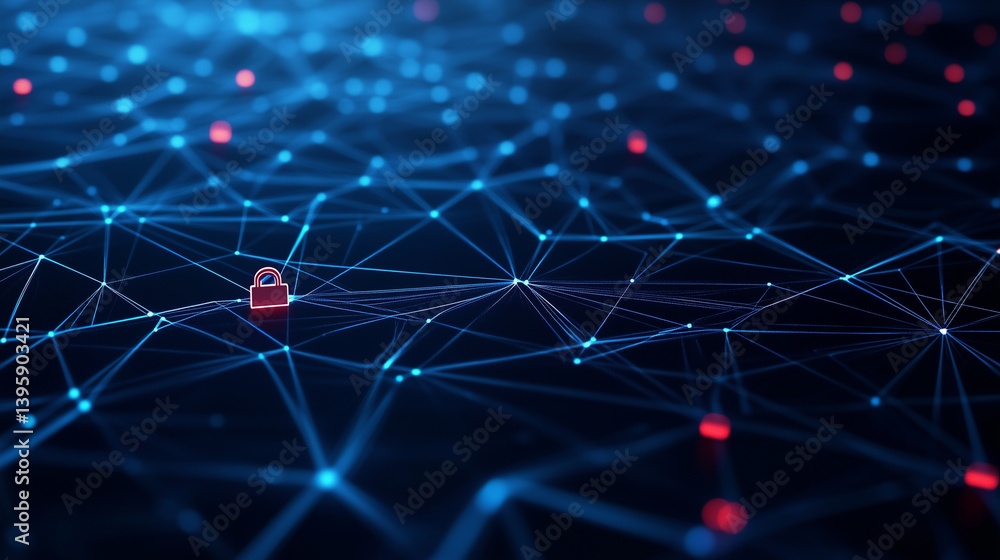 Aufkleber an abstract futuristic network grid with secure data connections and glowing padlocks. the dark blue