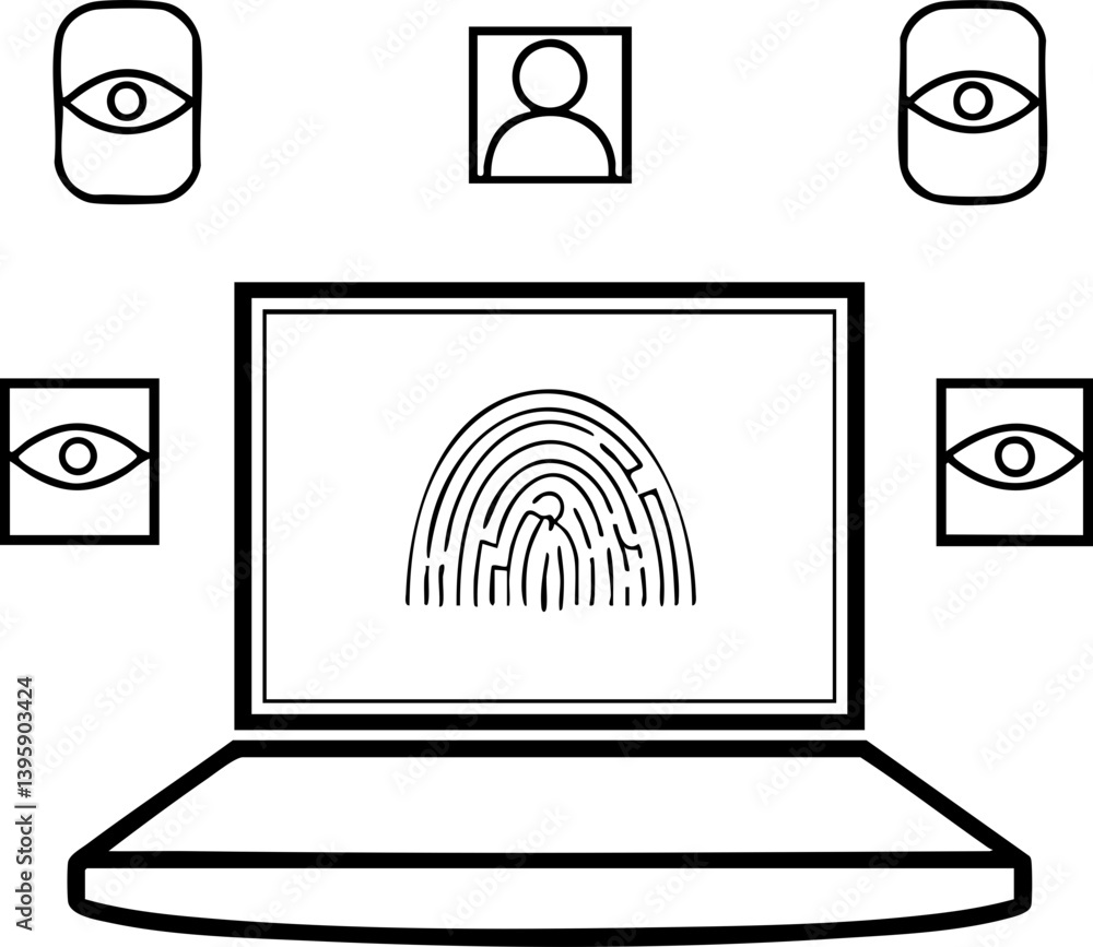 Aufkleber a laptop displays a fingerprint graphic, surrounded by icons representing eyes and a user, symbolizi