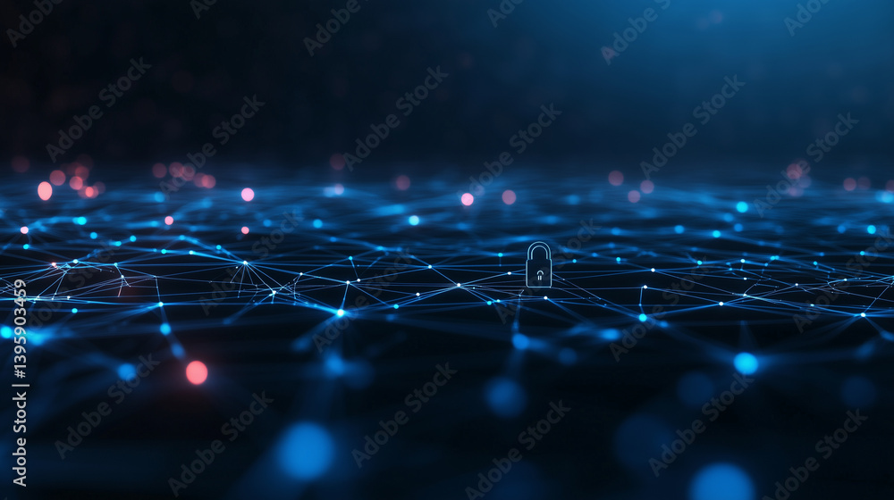 Aufkleber an abstract futuristic network grid with secure data connections and glowing padlocks. the dark blue