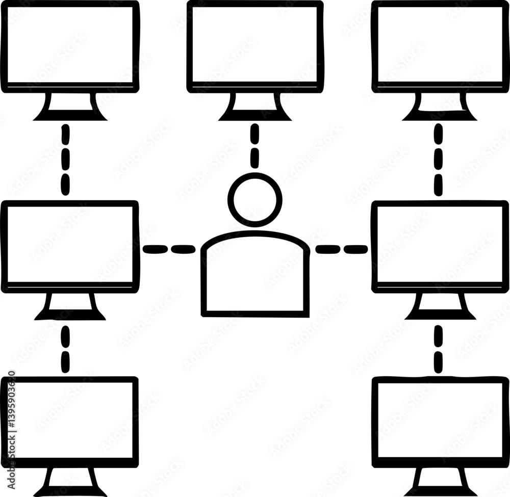 Poster a diagram illustrating a central figure connected to multiple computer screens, representing a netwo