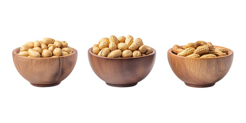 Pack Roasted Peanuts in a Wooden Bowl Set in Different Poses Against Transparent Background for Snack Branding, Food Packaging, or Culinary Marketing