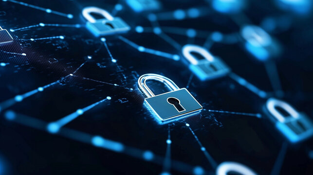 A cyber-secure futuristic network with floating 3D lock symbols and encrypted pathways. Dark blue background with neon security visuals emphasizes safe data communication.