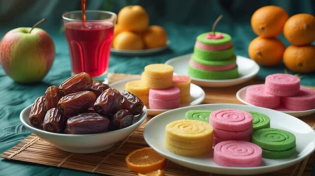Refreshing cold syrup drinks, sweet dates, and kuih are common and simple iftar dishes during the fasting month. Artistic interpretation.