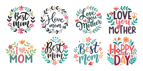 Happy Mothers Day Calligraphy Text Set Vector Illustration with Floral Decoration  