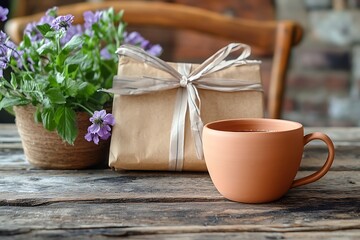 Natural Mother's Day setting with a sustainable, eco-friendly gift package and a raw clay tea cup on a reclaimed wooden table.