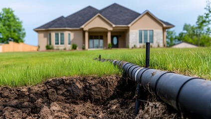Subterranean Pipeline Installation Project Near a Modern Residential Home in a Lush Green Lawn