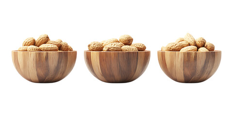 Pack Roasted Peanuts in a Wooden Bowl Set in Different Poses Against Transparent Background for Snack Branding, Food Packaging, or Culinary Marketing