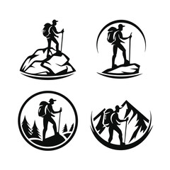 Hiker Silhouettes Set Backpacker with Stick Hiking on Mountain. Minimalist Design