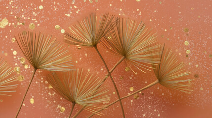 golden line art dandelions on soft pastel pink background minimalist floral abstract design