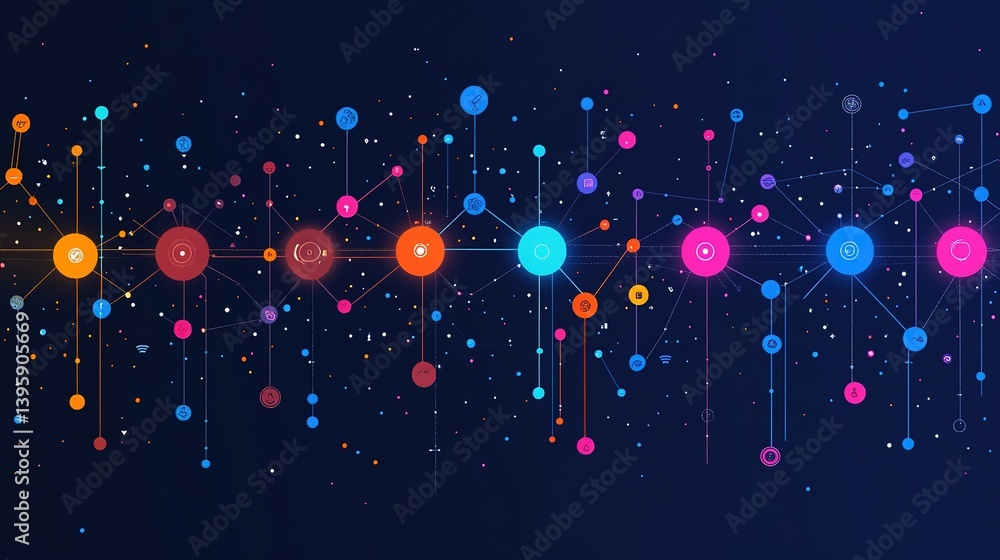 Aufkleber connected network illustration showing data flow and communication channels