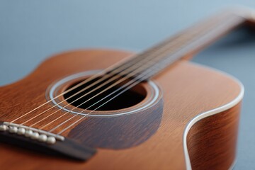 Obraz premium close-up of minimalist acoustic guitar scene with focus on strings and soundhole
