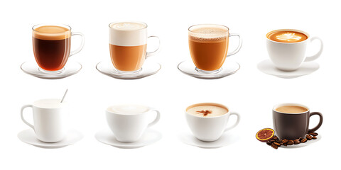 Pack Warm Beverage Set in Different Poses Against Transparent Background for Café Branding, Menu Design, or Cozy Lifestyle Promotions