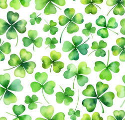 Clover pattern. Green watercolor clover on white background. Painted with brush strokes.
