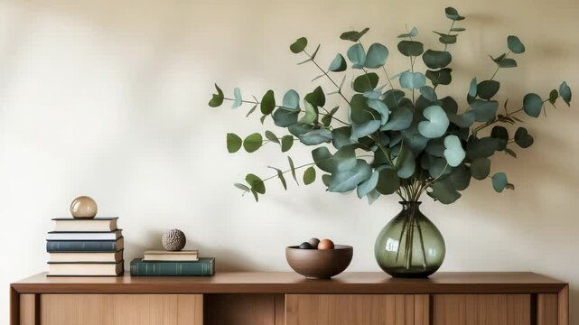 Modern living room setup showcasing a wooden bookshelf design, a vase with eucalyptus branches, books, decorative pieces, a glass sphere, and an unoccupied wall area for personalization. Template.