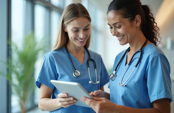 Two female doctors wearing scrubs discuss patient notes in hospital. Smiling women using digital tablet computer, discussing patient data. Healthcare professionals work together in medical clinic.