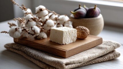 wellness kitchen design, basic wellness kitchen setup featuring a wooden board with cottage cheese, figs, and walnuts, paired with earthy tone mats and decor