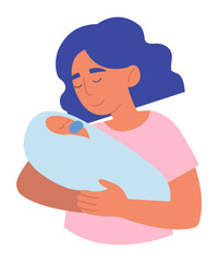 Mother Holding Newborn Baby Boy in Her Arms Scene.