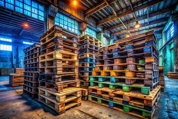 Industrial Warehouse: Stacked Wooden Pallets, Factory Interior, Urban Exploration Photography