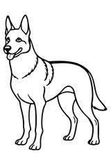 A black-and-white cartoon of a standing dog with pointed ears, a happy expression, and its tongue out, on a white background.