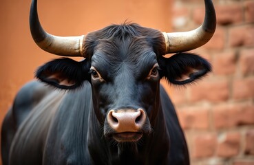 Naklejka premium Menacing Spanish bull close-up. Dark animal with sharp horns stares forward. Powerful wildlife. Brown brick wall background. Danger. Fear. Spain culture, bullfight or wild nature concept.