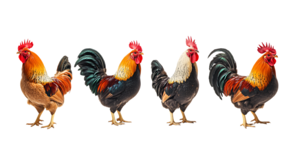 Pack Rooster Set in Different Poses Against Transparent Background for Farm Illustrations, Agriculture Branding, or Rural Design