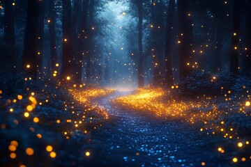 Naklejka premium Forest An ancient forest shrouded in thick fog. Among the large trees, small golden lights glow - these are fireflies floating freely in the air.