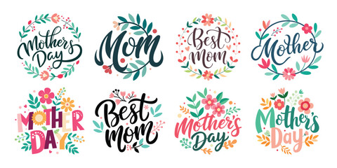 Happy Mothers Day Calligraphy Text Set Vector Illustration with Floral Decoration  