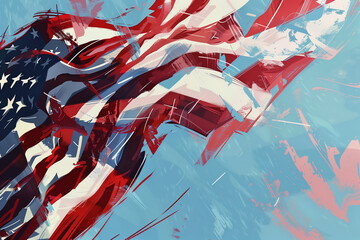 A background of the American flag fluttering in the wind against a clear blue sky.