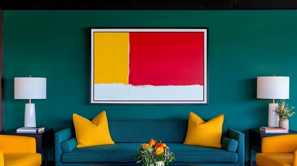 Modern Interior Design Featuring Teal Sofa, Vibrant Artwork, Yellow Accents, and Minimalist Decor for Home Inspiration.