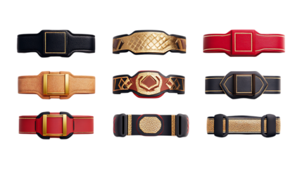Pack Wrestling Belt Set in Different Poses Against Transparent Background for Sports Branding, Championship Promotions, or Event Graphics