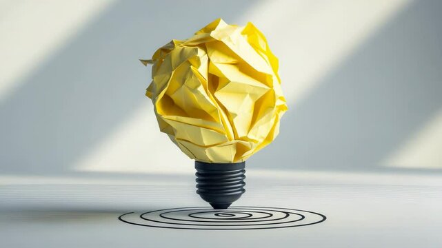 Creative thinking concepts and innovative ideas. Yellow paper scrap ball featuring a light bulb symbol in the backdrop.