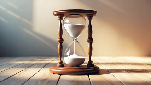 Sandglass, hourglass, or egg timer placed on wooden floor casting a shadow that represents the last second or minute.