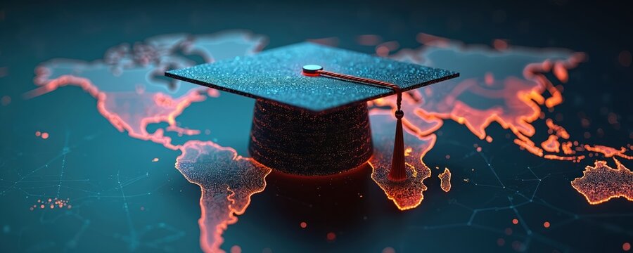 Illustration graduation cap floating above digital map, global education tech. University degree concept, international studies, learning, online courses. Modern education, virtual campus.