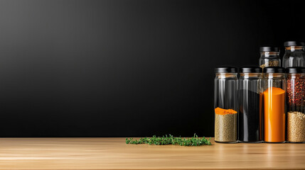 An elegant kitchen displays glass jars filled with an assortment of spices and herbs, neatly lined up on a wooden surface. The minimalist black backdrop provides contrast, emphasiz