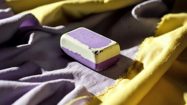 Purple eraser showing wear on yellow fabric symbolizing anxiety.