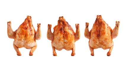 Pack Roasted Chicken Set of Three in Different Poses Against Transparent Background for Food Promotion, Restaurant Branding, or Culinary Advertising
