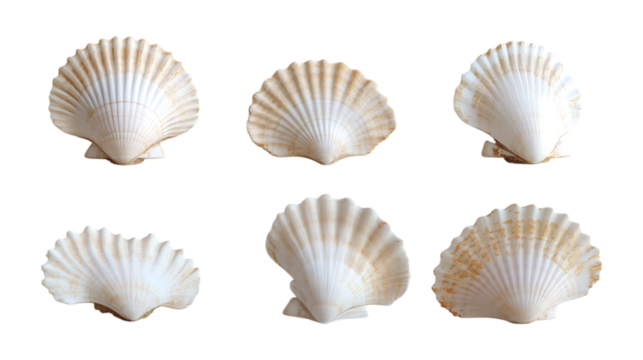 Pack Scallops Set in Different Poses Against Transparent Background for Seafood Branding, Gourmet Cuisine, or Restaurant Design
