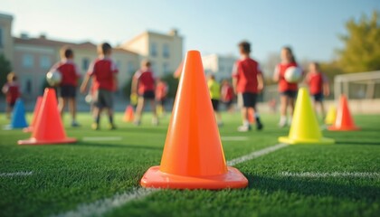 Children play football on green grass field with training cones. Kids in red uniform practice soccer. Team sport, training outdoor. Blurred background with players, school playground.