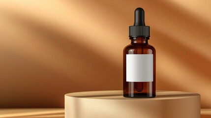 Naklejka premium A brown glass dropper bottle with a blank white label stands upright on a smooth beige round podium. Set against a soft neutral background, the scene highlights minimalist pharmace