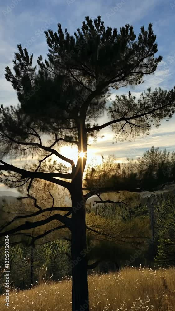 Poster sunlight filters through the branches of a tree at dusk in a serene natural setting