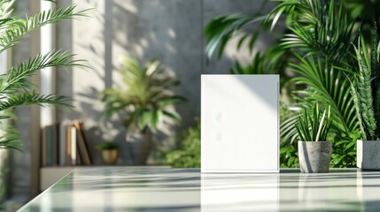 Plain White Paper Pocket Mockup on Sleek Glass Desk with Modern Office Elements